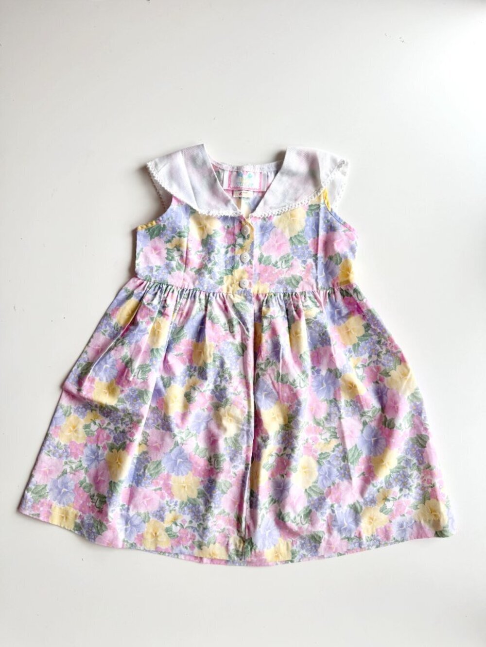 Vintage Girl's TULIP Pink Floral Cotton Muslin Collared A-Line Dress, Size 6x